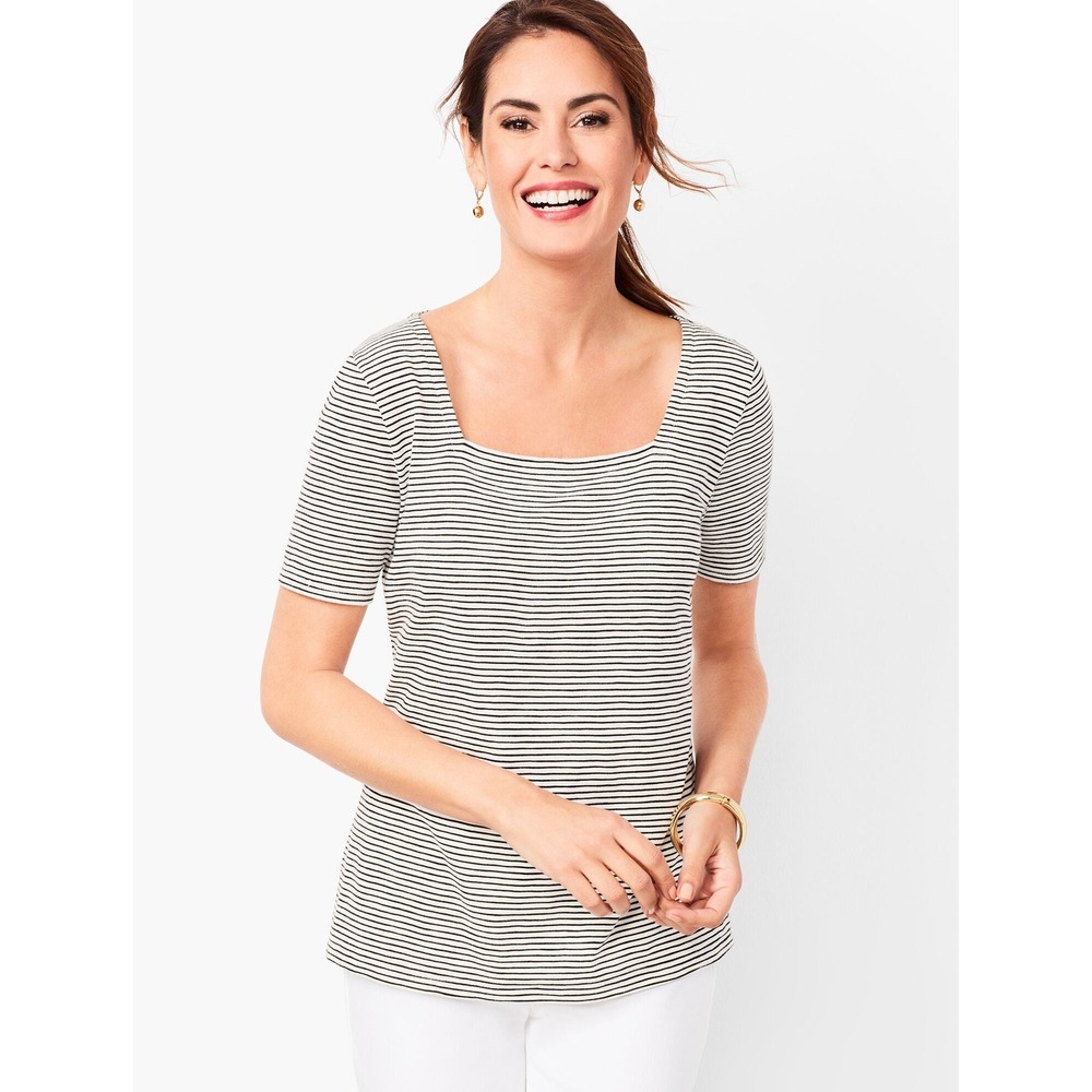 TALBOTS XL Black & White Striped Square‎ Neck Tee Top Short Sleeve
